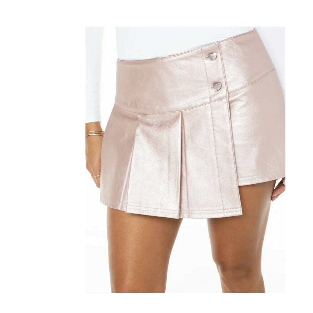 Celebrity Pink Women's Faux Leather Pleated Metalic Pink  Skort  NEW - Picture 3 of 5